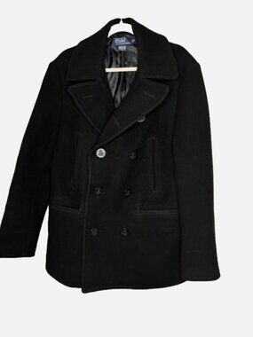 Polo Ralph Lauren Men Wool Peacoat Black Double Breasted Coat Medium Classic